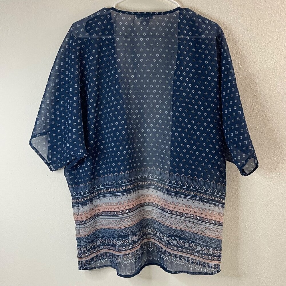 Dizzy Gal Navy Sheer Open Front Kimono Cardigan L Boho Print Women's Lightweight - Picture 7 of 8